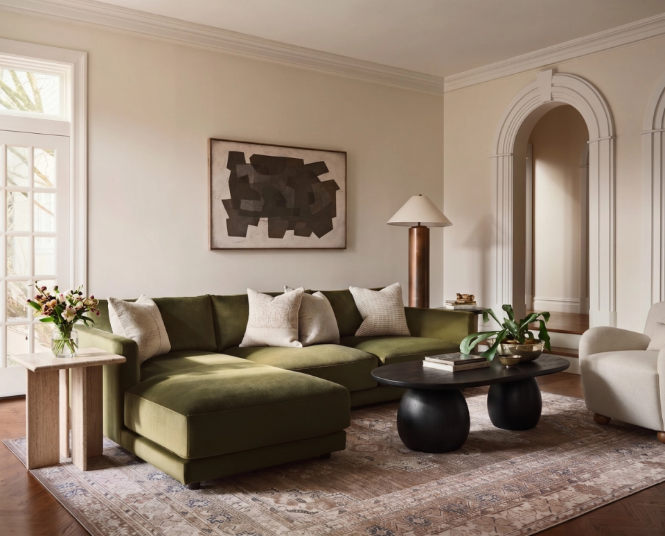 Living room with green velvet sectional, best online services