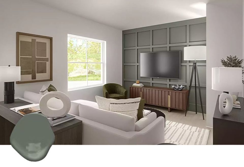 Contemporary media room in soft gray-green with warm wood cabinetry and clean lines conveying understated modern style