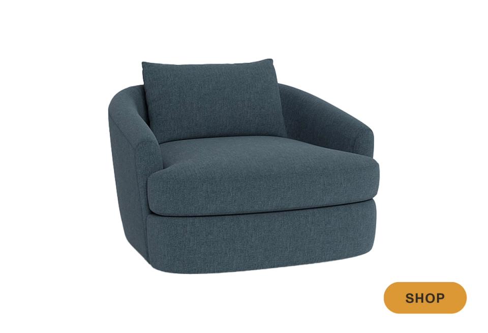 Modern swivel chair in slate blue upholstery with clean lines