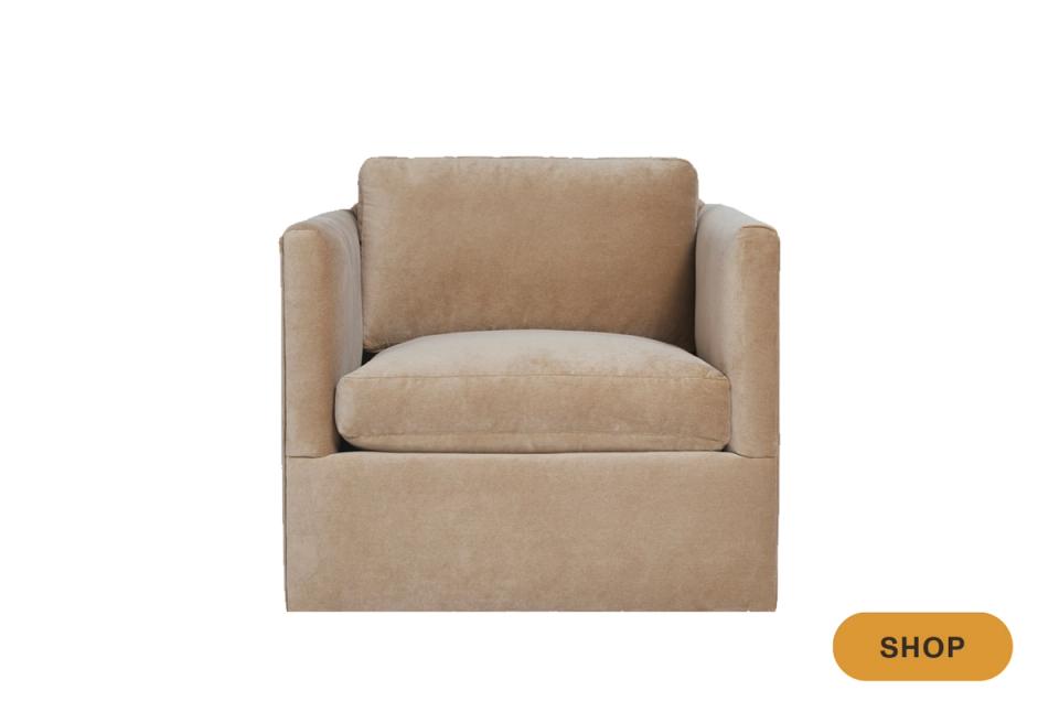 Mid-century modern swivel chair in warm beige suede upholstery