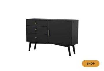 Mid-century modern black sideboard with tapered legs and minimalist hardware