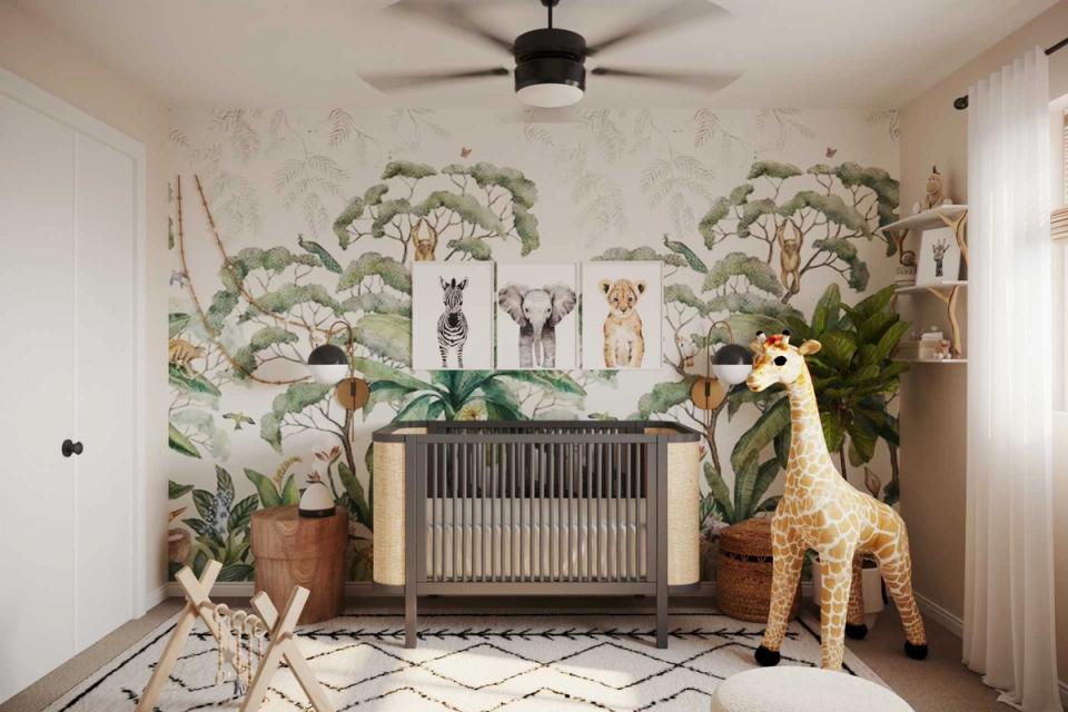 Serene botanical nursery with nature-inspired wallpaper, wooden crib, and warm neutral palette creating a calming woodland atmosphere.