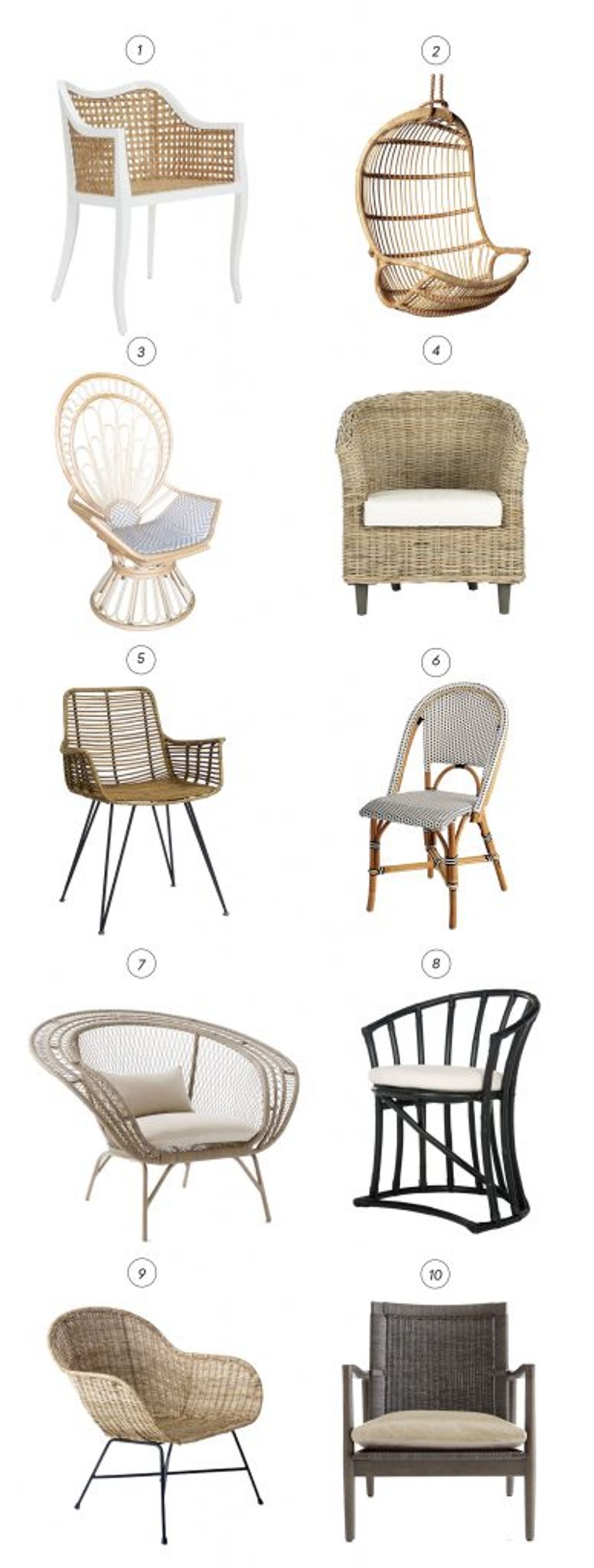 Rattan chair style guide showing eight design variations from modern to bohemian aesthetics