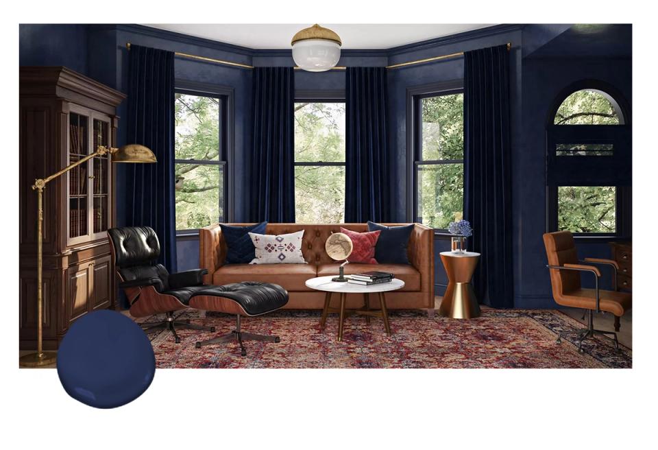 Eclectic jewel-tone sitting room with rich navy walls, burgundy accents, ornate rug, and vintage wood details for moody sophistication