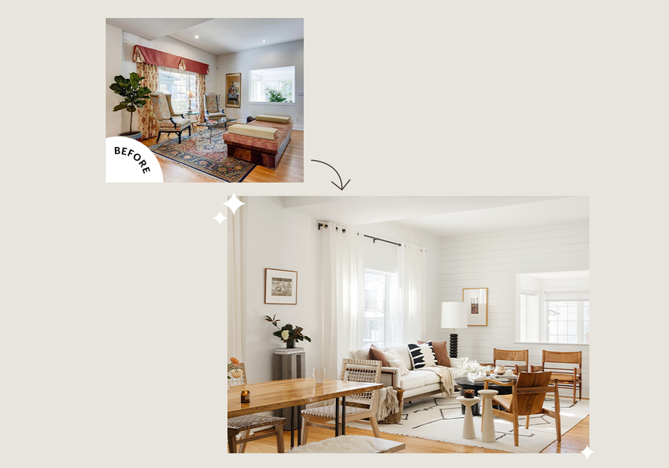 Before-and-after design transformation showing evolution from traditional to refined eclectic modern spaces