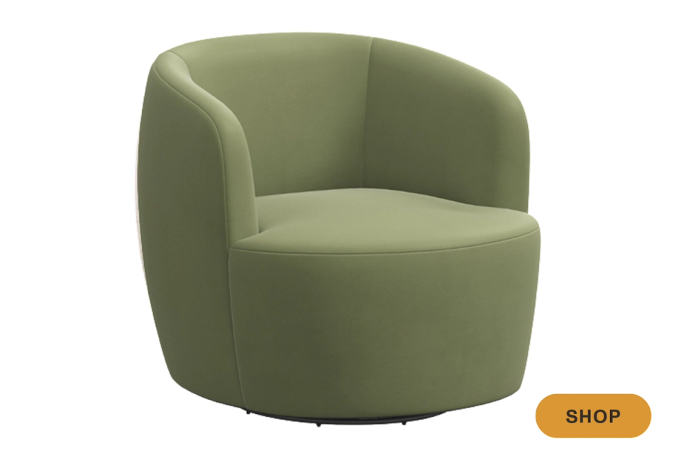 Modern sage green rounded swivel chair with minimalist, barrel-back silhouette