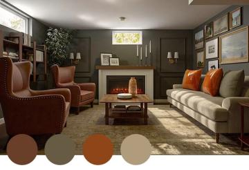 Earthy living room in cognac brown and muddy olive green with a vibrant orange accent for a tonal pop of color