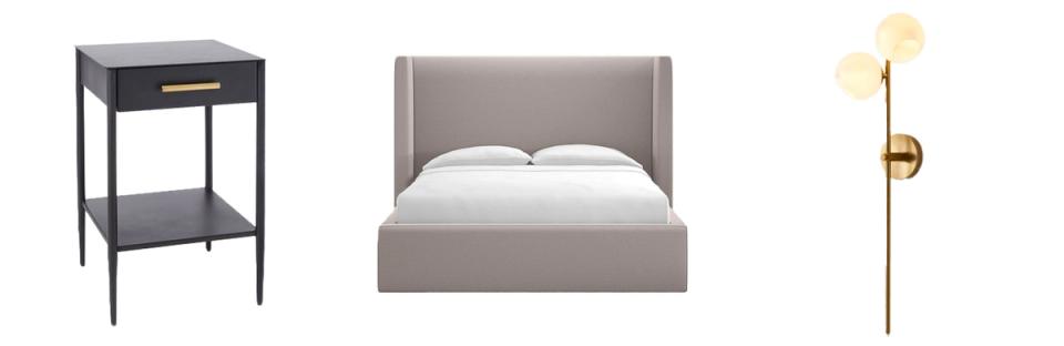 Mid-century modern bedroom essentials in warm gray and brushed brass finishes