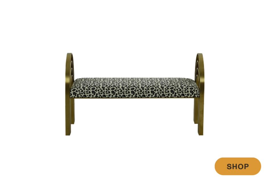 Mid-century olive wood bench with leopard print upholstery and sculptural curved arms