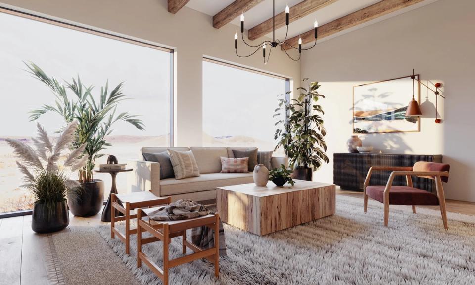 Southwestern living room with warm neutrals, exposed beams, natural plants, and woven textures