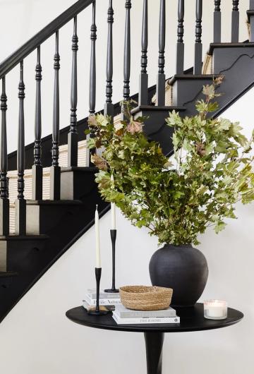 Contemporary black staircase with modern balusters anchors bright entryway beside sculptural black table displaying lush greenery
