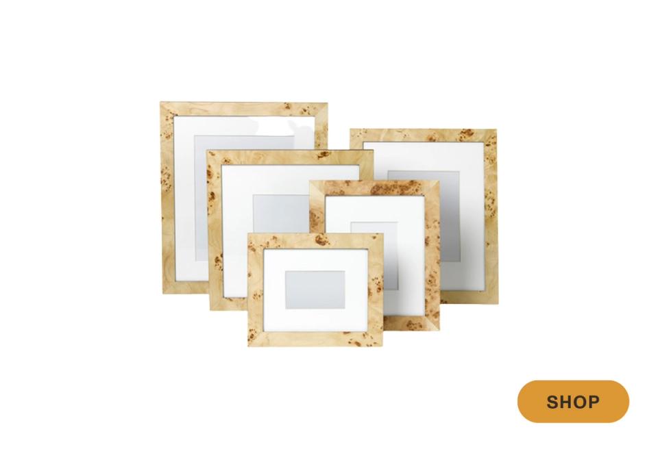 Set of burled wood photo frames in graduated sizes with warm tones