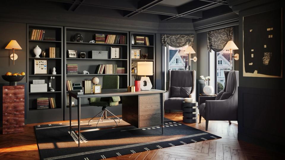 Contemporary dark office with built-in shelving, geometric flooring, and warm accent lighting creating sophisticated workspace ambiance