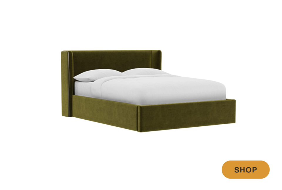 Contemporary olive green upholstered bed with channel tufting and minimalist headboard design