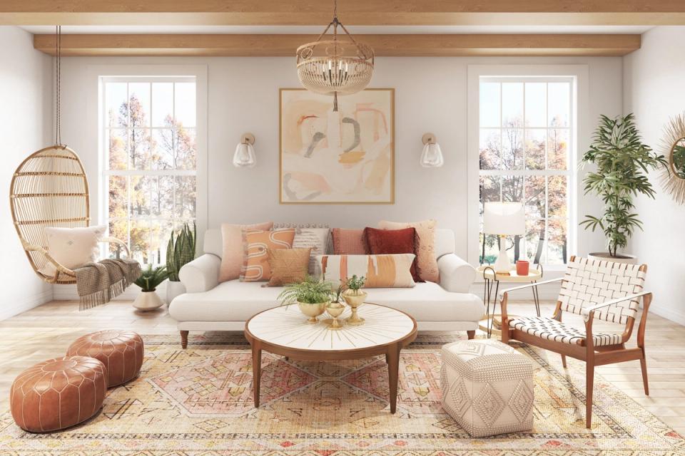 Bright mid-century modern living room with warm terracotta and cream tones, natural wood accents, and abundant natural light from large windows
