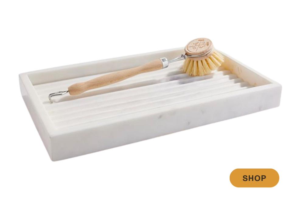 Neutral minimalist kitchen brush organizer tray with natural wood handles