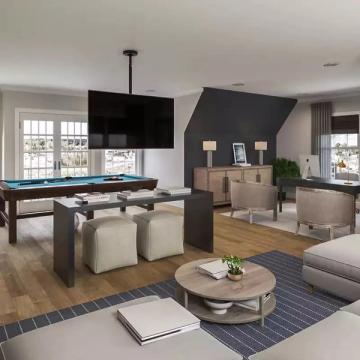 Contemporary recreation room with dark angled accent wall, warm wood tones, neutral seating, and geometric navy area rug creating sophisticated ambiance.
