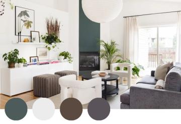 Serene living room blending sage green, warm neutrals, and charcoal tones with botanical accents and minimalist shelving.