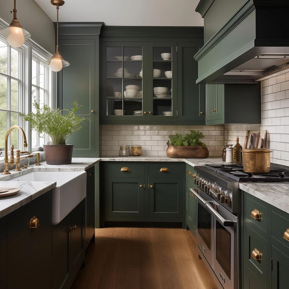 Modern kitchen featuring rich forest green cabinetry, subway tile backsplash, brass hardware, and natural light for contemporary farmhouse style.
