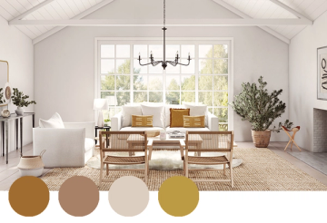 Bright Scandinavian living room with warm ochre and taupe accents, natural wood furniture, and abundant natural light.