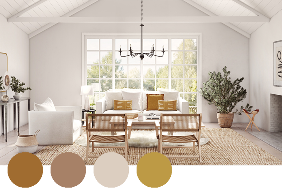Bright Scandinavian living room with warm ochre and taupe accents, natural wood furniture, and abundant natural light.