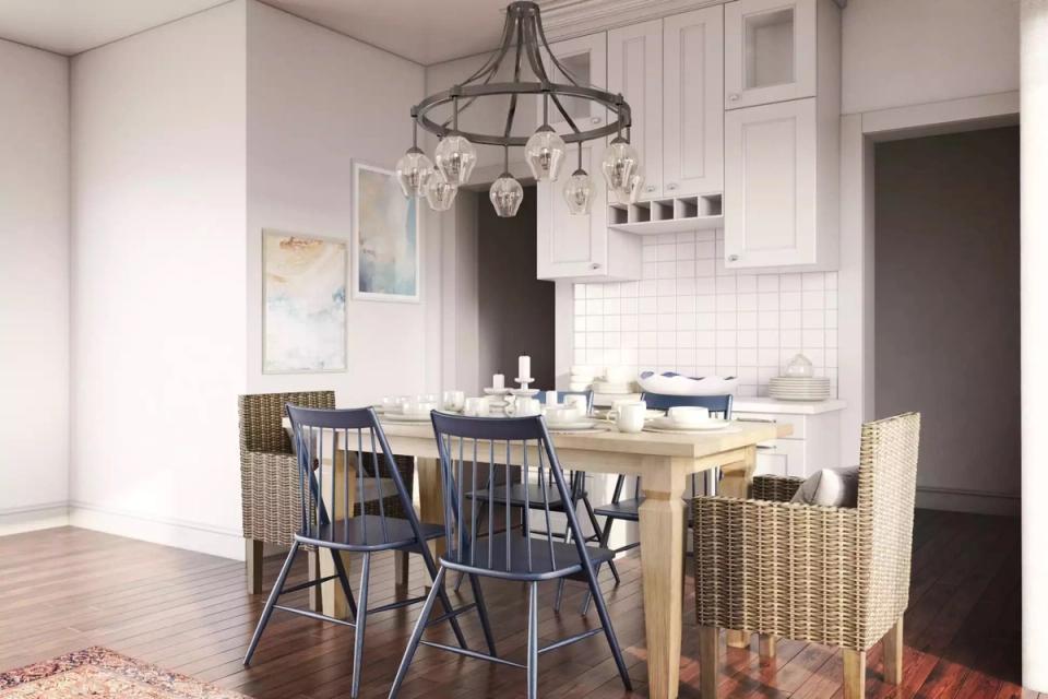 Minimalist coastal kitchen-dining blend with natural wood, navy accents, and woven storage