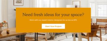 Bright living room with mid-century furniture and warm wood tones, featuring yellow promotional banner