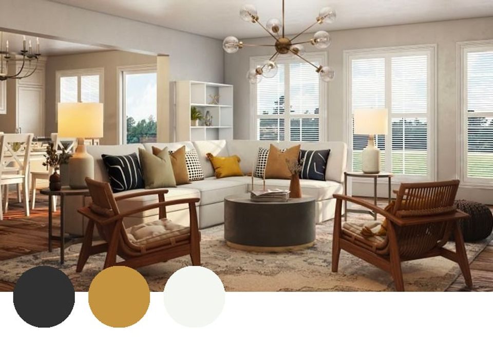 Bright, modern living room blending warm mustard and charcoal tones with natural wood and mid-century furniture for a balanced, inviting atmosphere