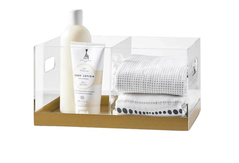 Scandinavian-inspired clear and wood beauty organizer with functional elegance