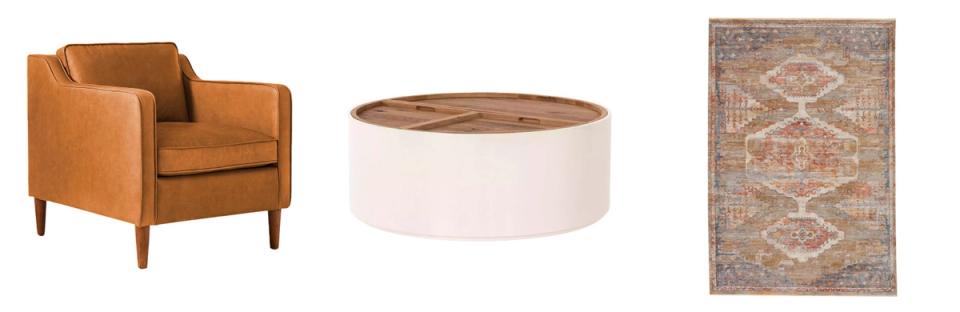 Mid-century modern accent chair in burnt orange with round ottoman and patterned rug