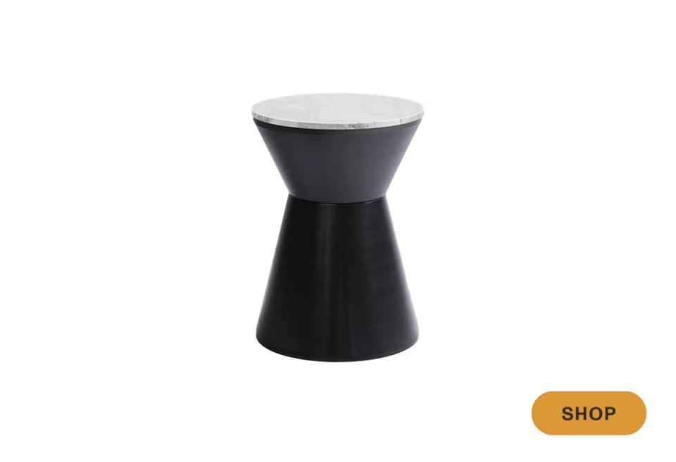 Modern black hourglass side table with marble top, contemporary minimalist design
