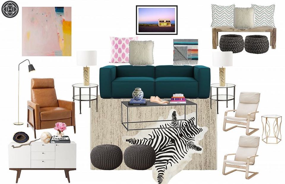 Eclectic design mood board blending teal velvet, caramel leather, geometric accents, and playful pink tones