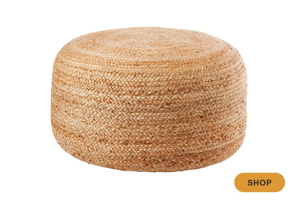 Boho natural jute round pouf with textured woven finish, coastal aesthetic