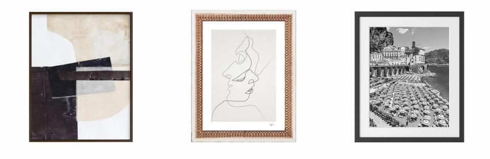 Three framed artworks in contrasting styles: abstract, minimalist line drawing, black-and-white photography