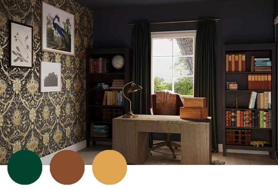 Moody home office with deep forest green, burnt sienna, and golden yellow tones against dark walls, blending rich colors with vintage character.
