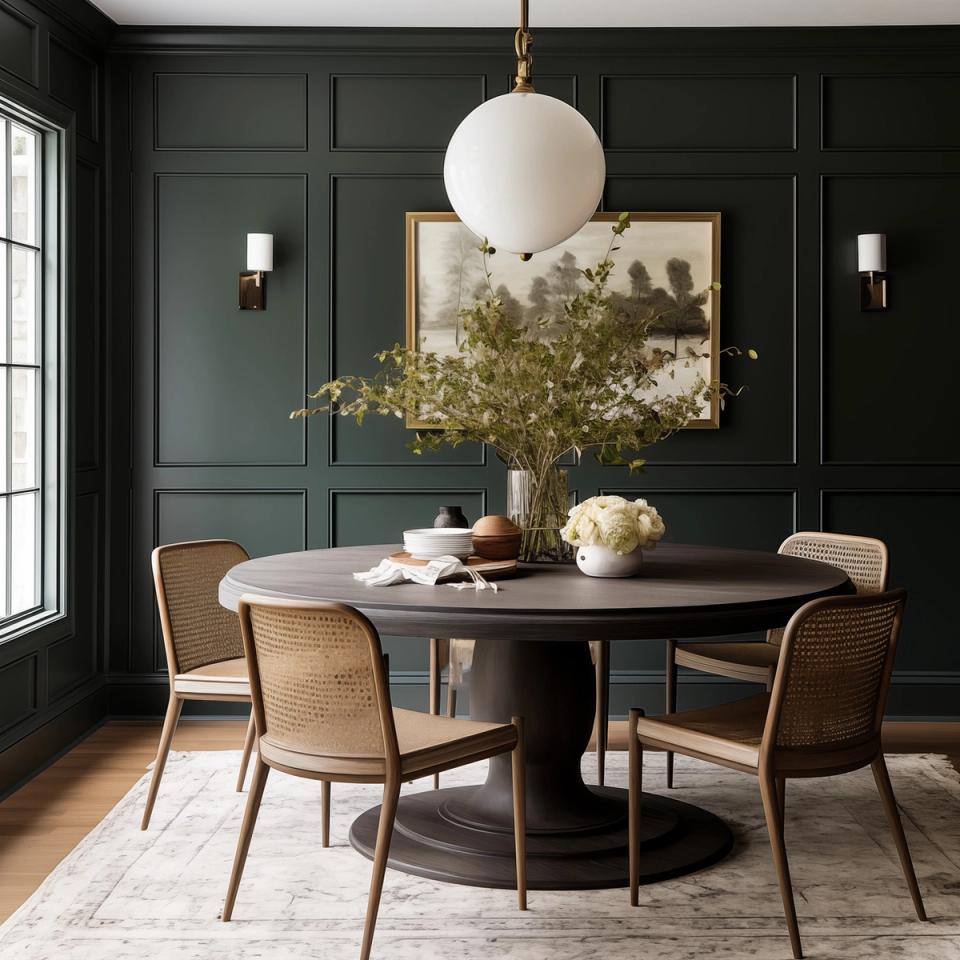 Sophisticated dining space with deep evergreen walls, round black table, caned chairs, and globe pendant lighting for refined elegance.