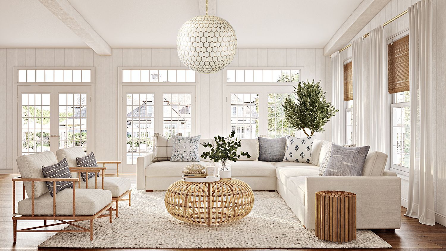 Bright Scandinavian living room with woven natural textures, light wood furnishings, and airy neutral palette throughout