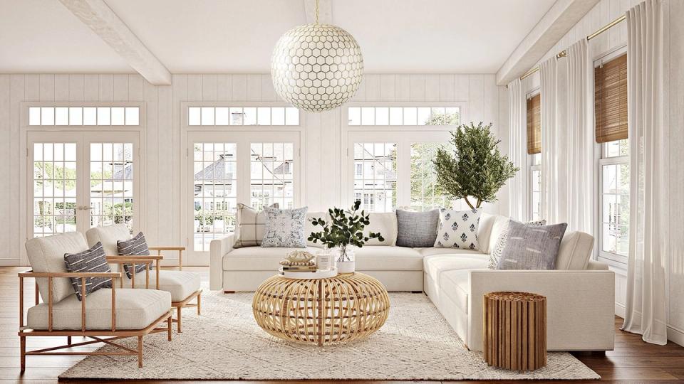 Bright Scandinavian living room with woven natural textures, light wood furnishings, and airy neutral palette throughout