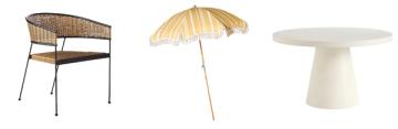 Curated patio essentials: woven chair, vintage umbrella, and contemporary pedestal table