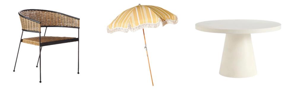 Curated patio essentials: woven chair, vintage umbrella, and contemporary pedestal table
