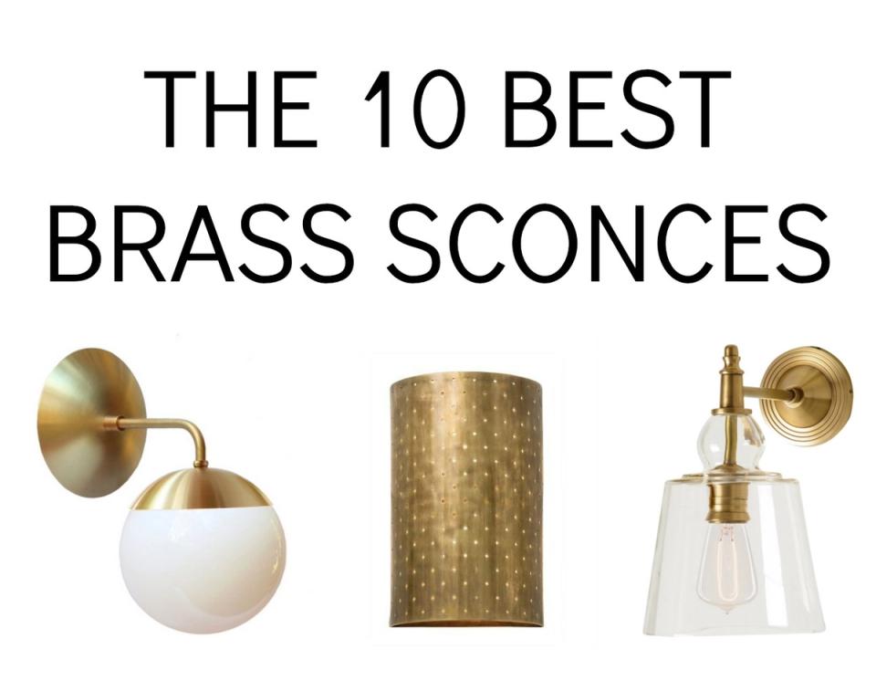 Three brass wall sconces featuring globe, cylindrical, and pendant styles in warm metallic finishes