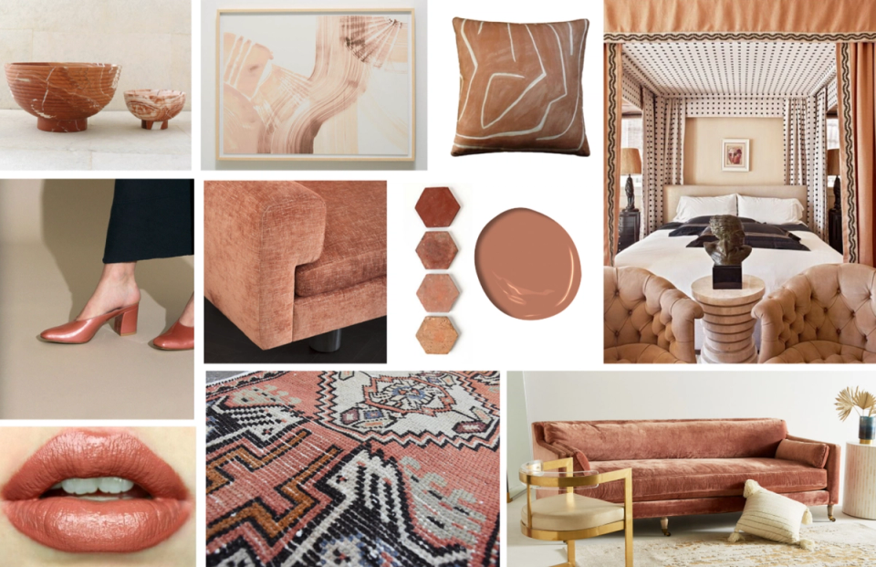 Warm, earthy terracotta and blush aesthetic with luxe velvet textures and botanical line art