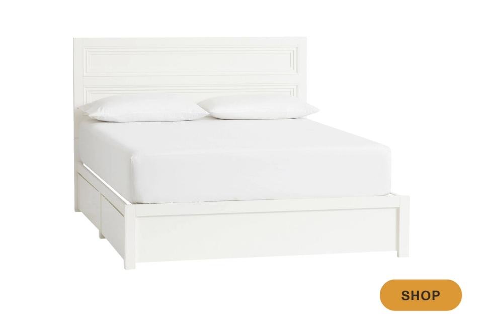 Coastal farmhouse storage bed in crisp white with clean lines and airy design