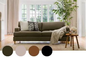 Modern farmhouse living room in olive green with cream and black accents, offering earthy sophistication and relaxed elegance