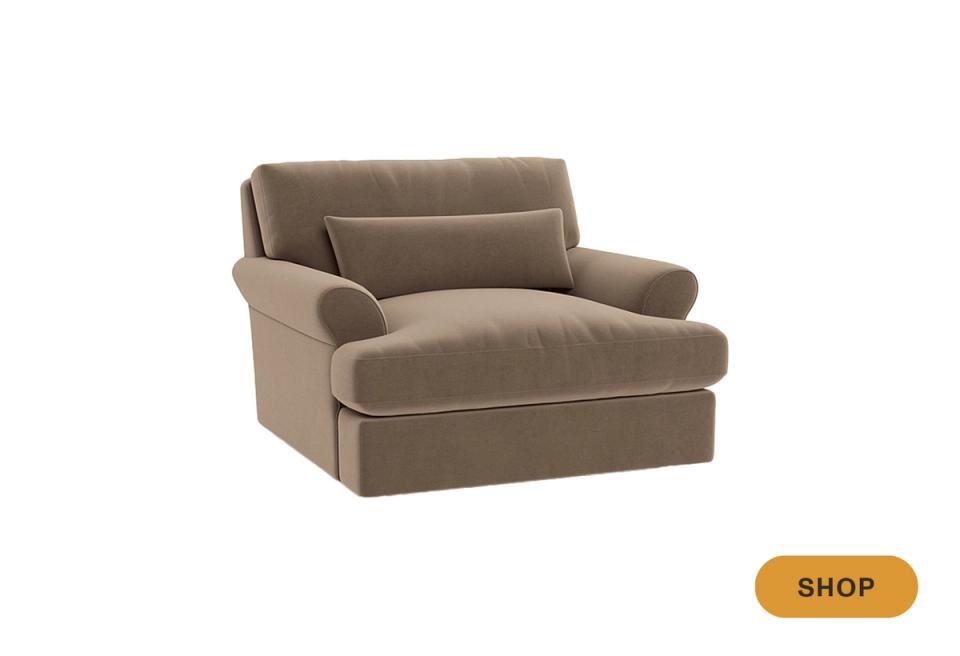 Transitional swivel chair in warm taupe linen with rolled arms