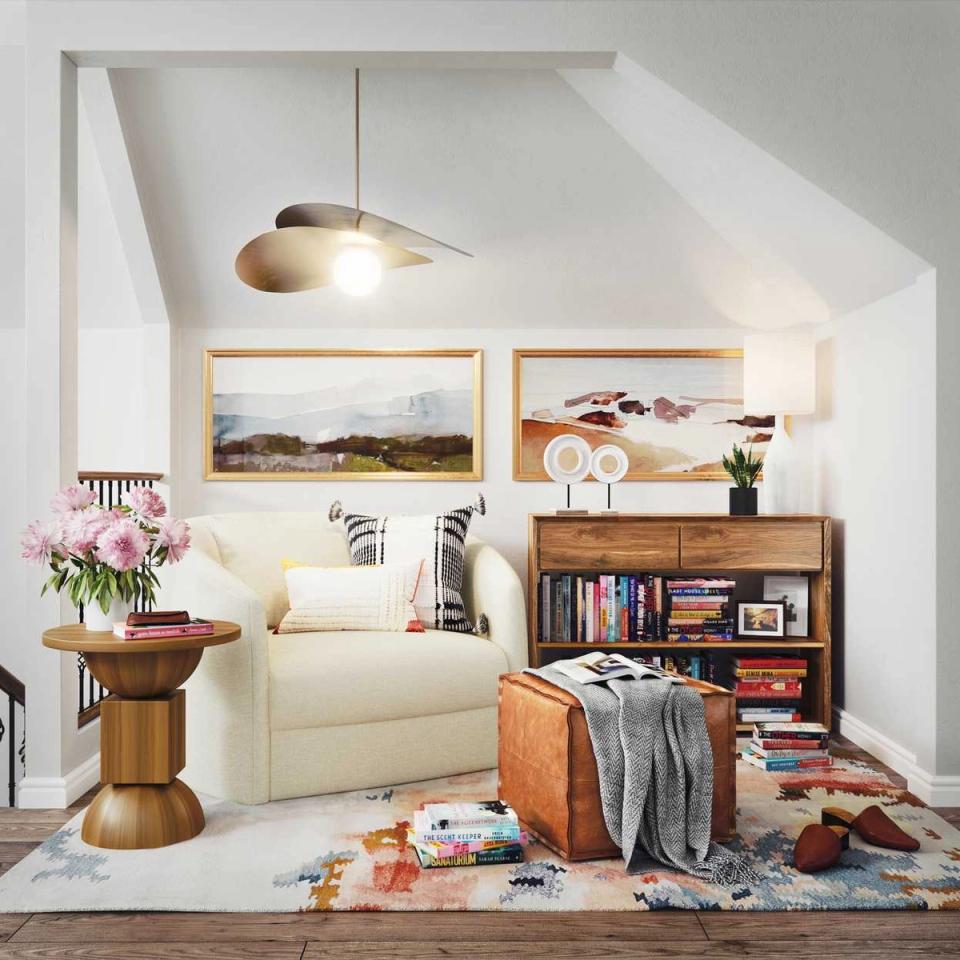 Minimalist reading nook with cream chair, warm wood furniture, and soft natural light