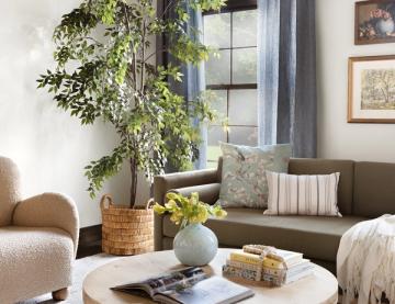 Serene coastal living room with soft neutrals, cascading greenery, and natural wood accents