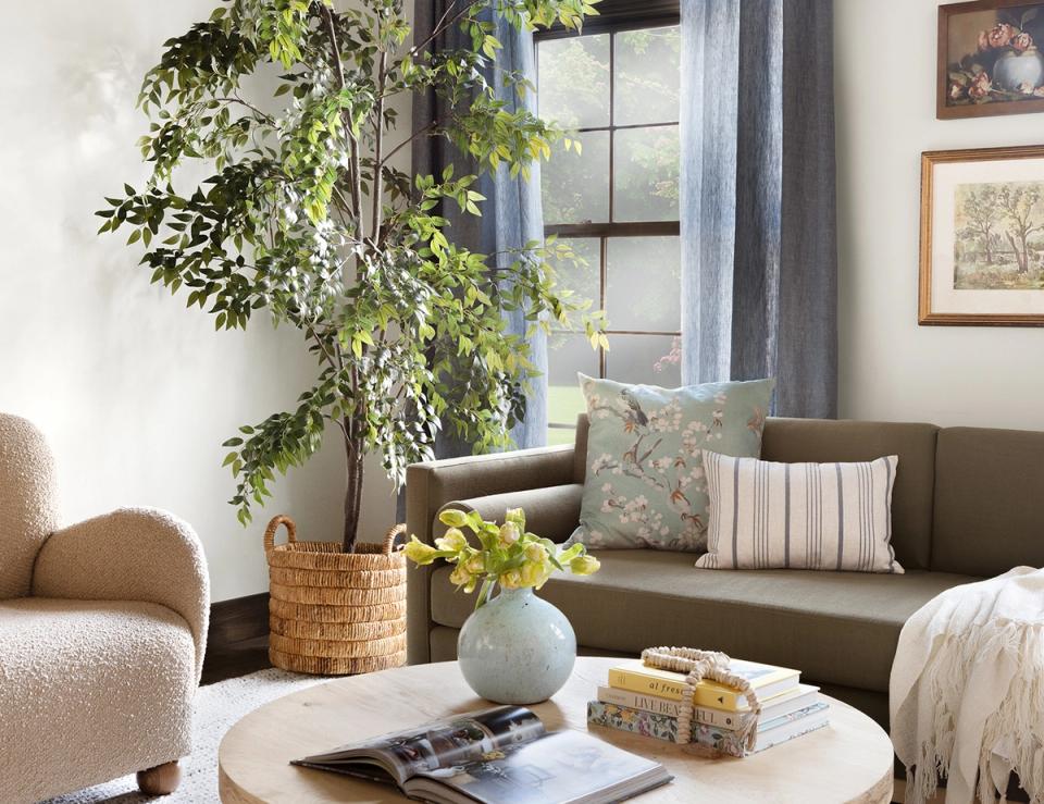 Serene coastal living room with soft neutrals, cascading greenery, and natural wood accents