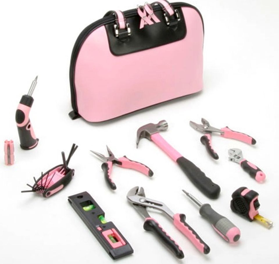 Pink and black tool kit with carrying case featuring complete home repair set