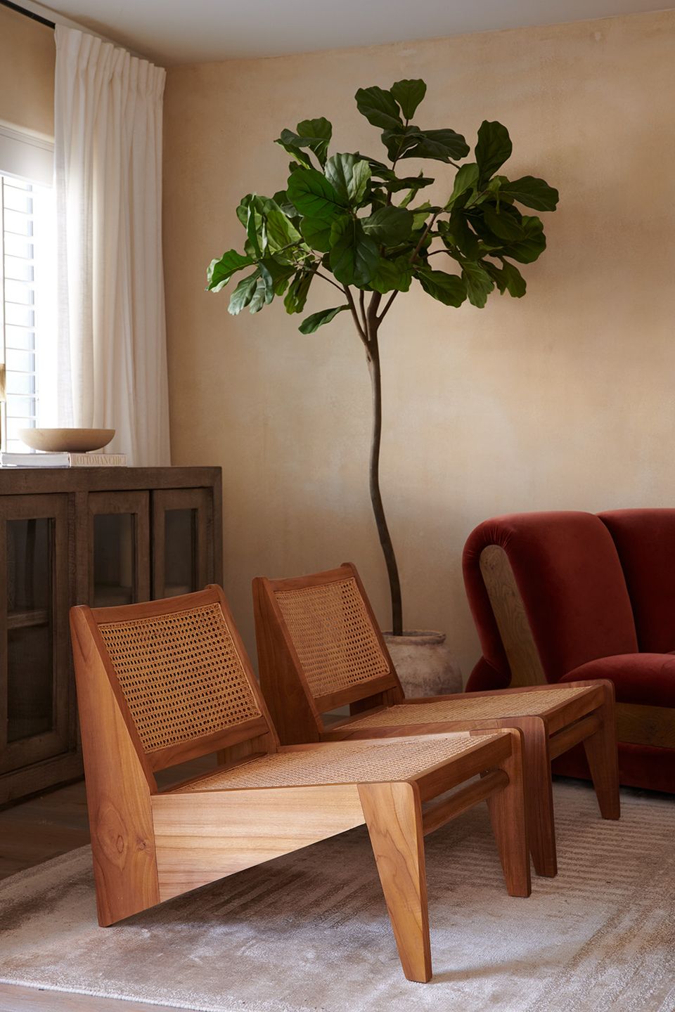 Warm transitional space with mid-century wooden chairs, tall green plant, and terracotta accent wall.